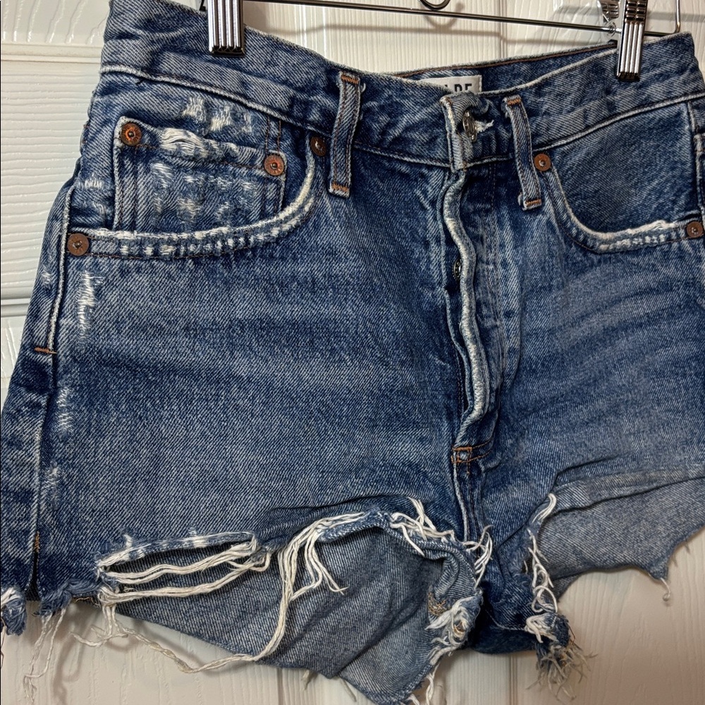 Agolde Blue Distressed Denim Cutoff Shorts - Picture 2 of 10